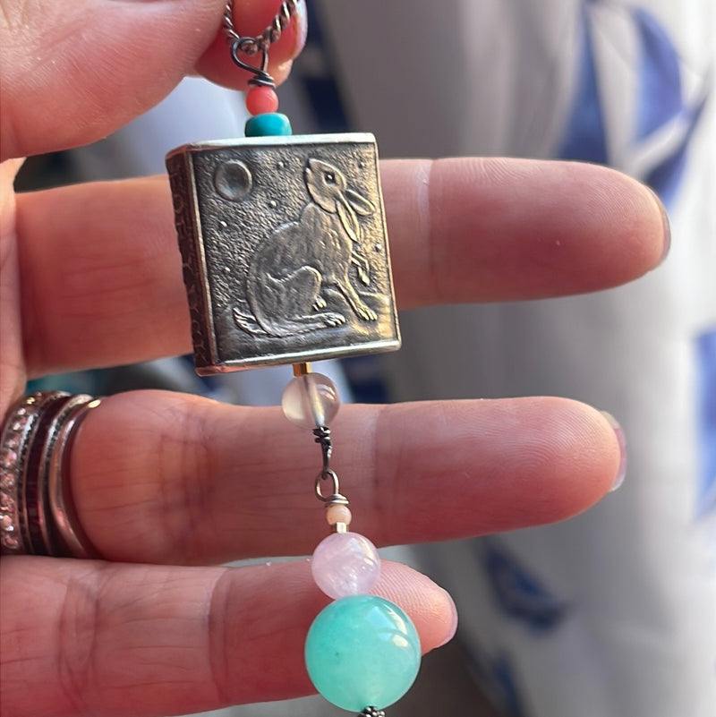 Lucky Rabbit Talisman Pendant - Anne Choi Collectable Bead - Amazonite, Moonstone, Coral and Kunzite - Sterling Silver - Handmade