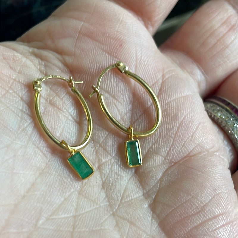 Emerald Oval Hoop Drop Earrings - 14k Gold Hoops and 18k Gold Drops - Vintage