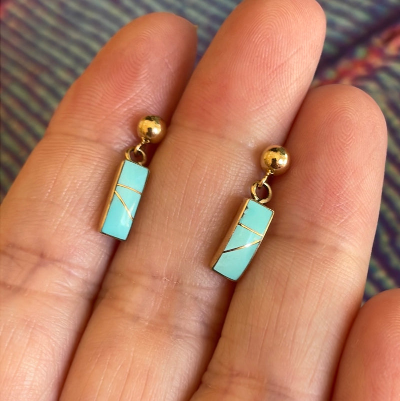 Turquoise Inlay Earrings - 14k Gold - Vintage