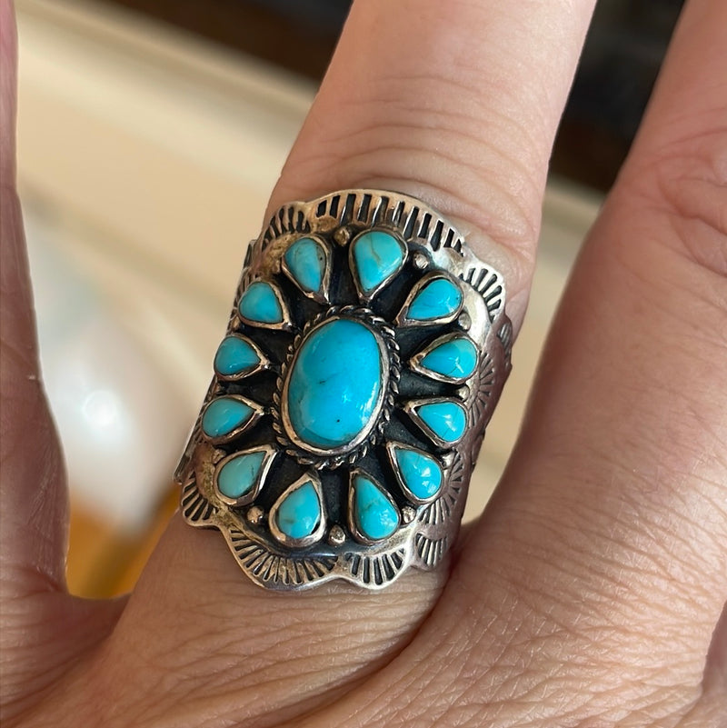 Turquoise Cluster Ring - Engraved - Sterling Silver - Vintage