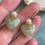 Jade Heart Earrings - Pearl - 14k Gold - Vintage