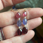 Sapphire, Garnet and Tanzanite Drop Earrings - Seed Pearl - Gold Filled - Handmade