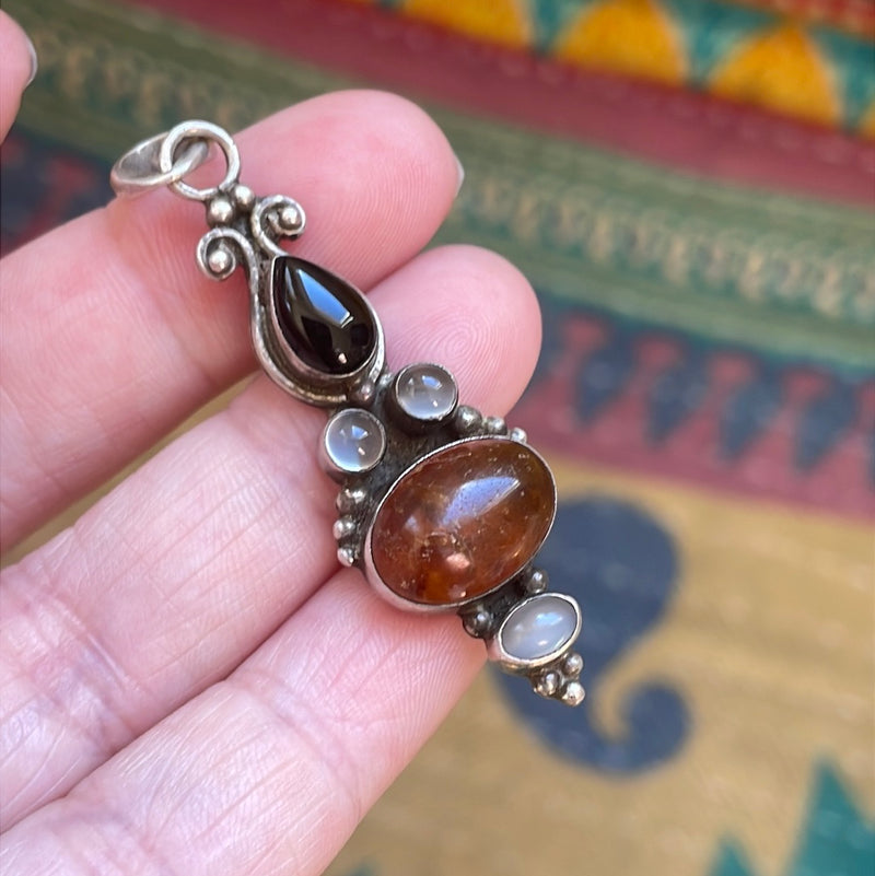 Onyx, Amber, Moonstone Pendant - Sterling Silver - Vintage