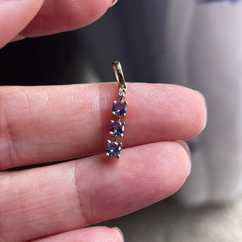 Tanzanite Three Stone Pendant - Diamond - 10k Gold - Vintage