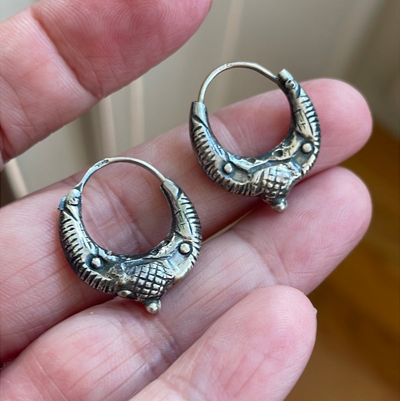 Engraved Hoop Earrings - Sterling Silver - Vintage