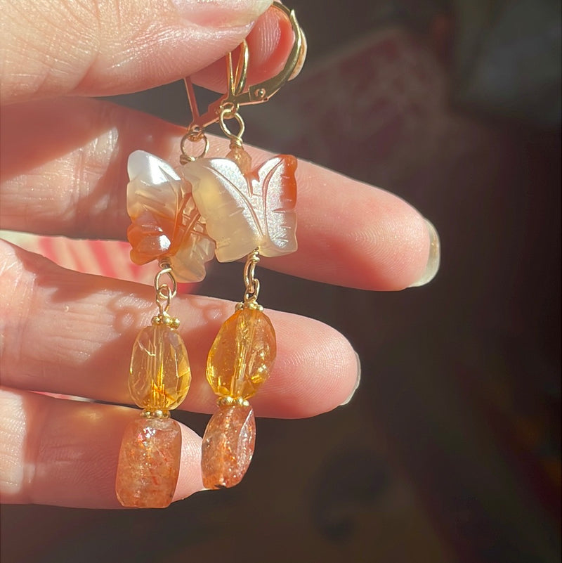 Butterfly Earrings - Citrine, Carnelian and Sunstone - Gold Filled - Handmade