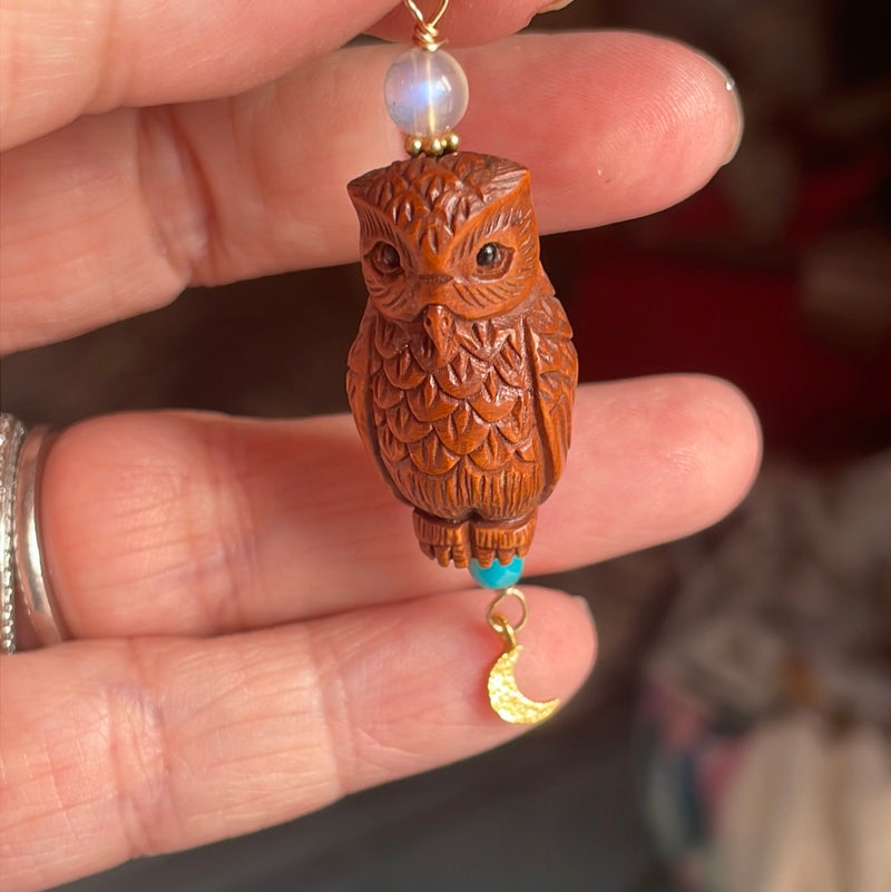 Carved Owl Pendant - Netsuke - Moon Drop, Turquoise and Moonstone - Gold filled findings