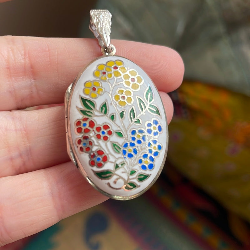 Enamel Sterling Flower Locket - Vintage