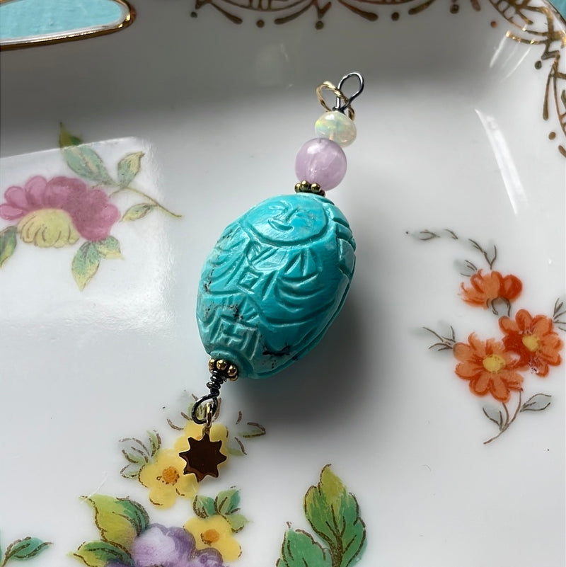 Carved Turquoise Buddha Pendant - Lavender Jade and Opal - Star Drop - Gold Filled - Handmade