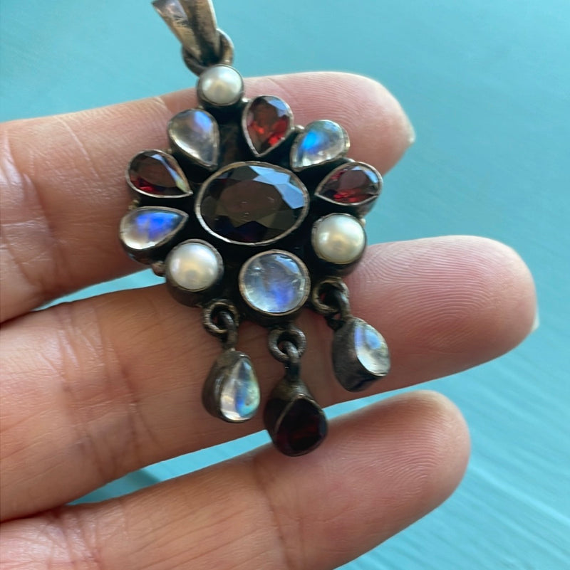 Garnet Moonstone Pearl Pendant - Sterling Silver - Vintage