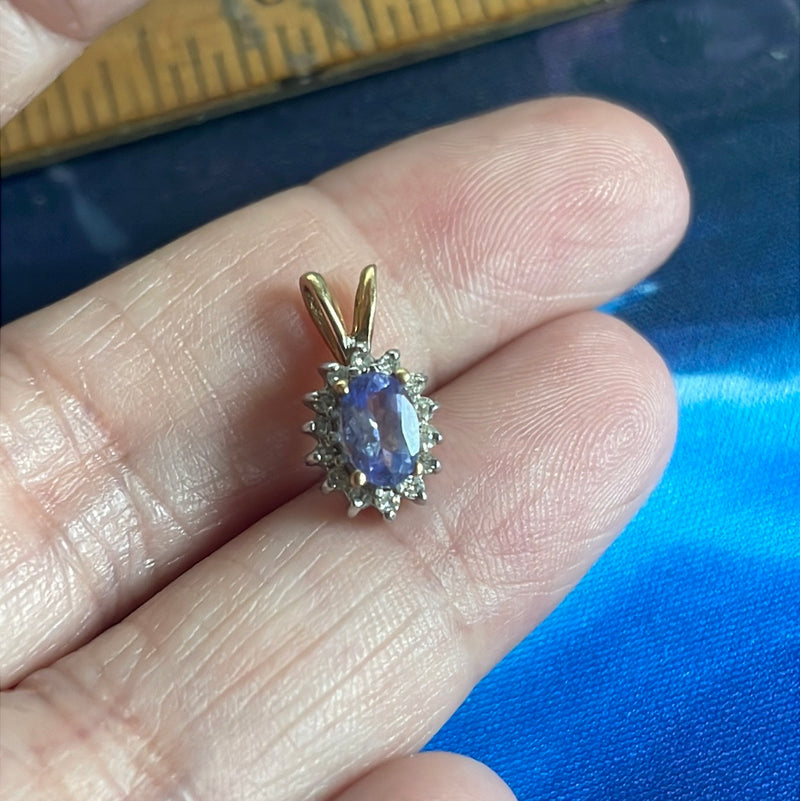 Tanzanite Diamond Halo Pendant - 14k Gold - Vintage