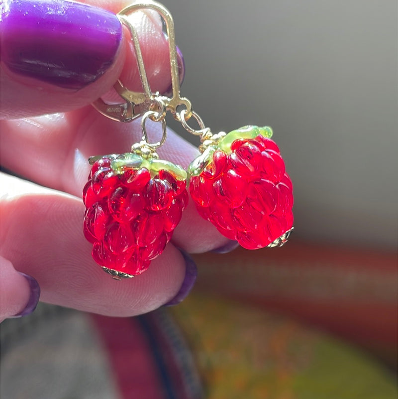 Ruby Glass Berry Earrings - Gold Filled - Handmade