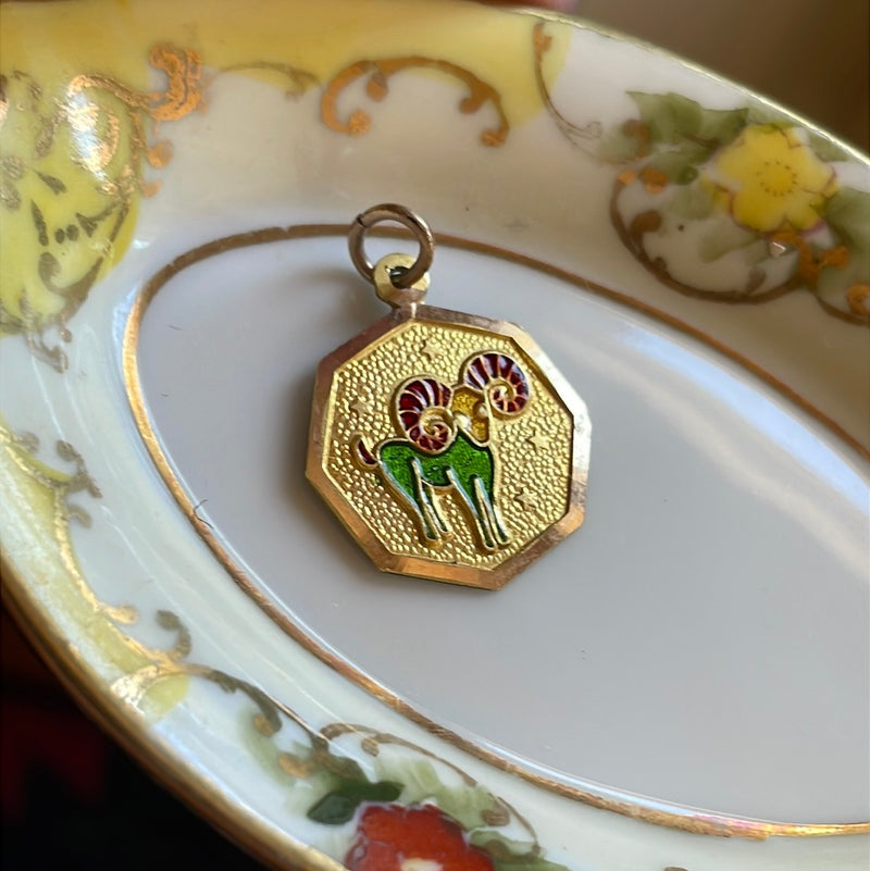 Aries Ram Zodiac Pendant - Enamel - 9k Gold - Vintage