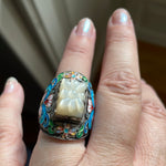 Carved Mother of Pearl Ring - Enamel - Sterling Silver - Vintage