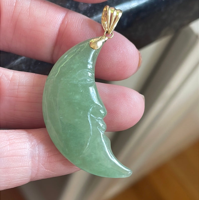 Carved Jade Moon Pendant - 14k Gold - Vintage