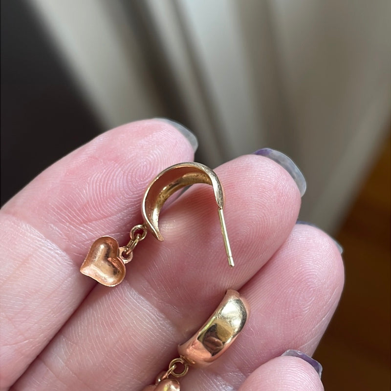 Heart Hoop Earrings - Rose Gold Hearts - 14k Gold - Vintage