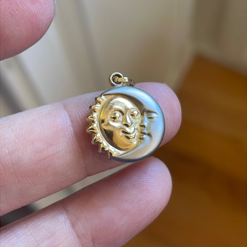 Puffy Moon Sun Pendant - 14k White and Yellow Gold - Vintage