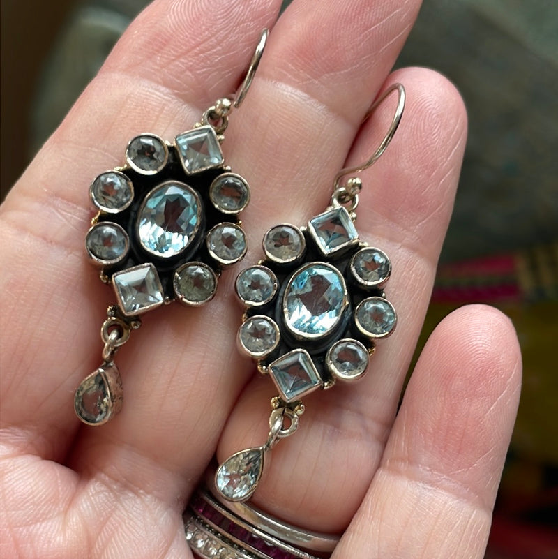 Blue Topaz Cluster Earrings - Sterling Silver - Vintage