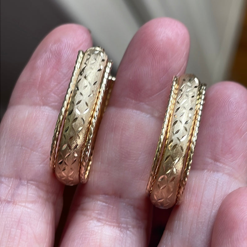 Engraved Long Hoop Earrings - 14k Gold - Vintage