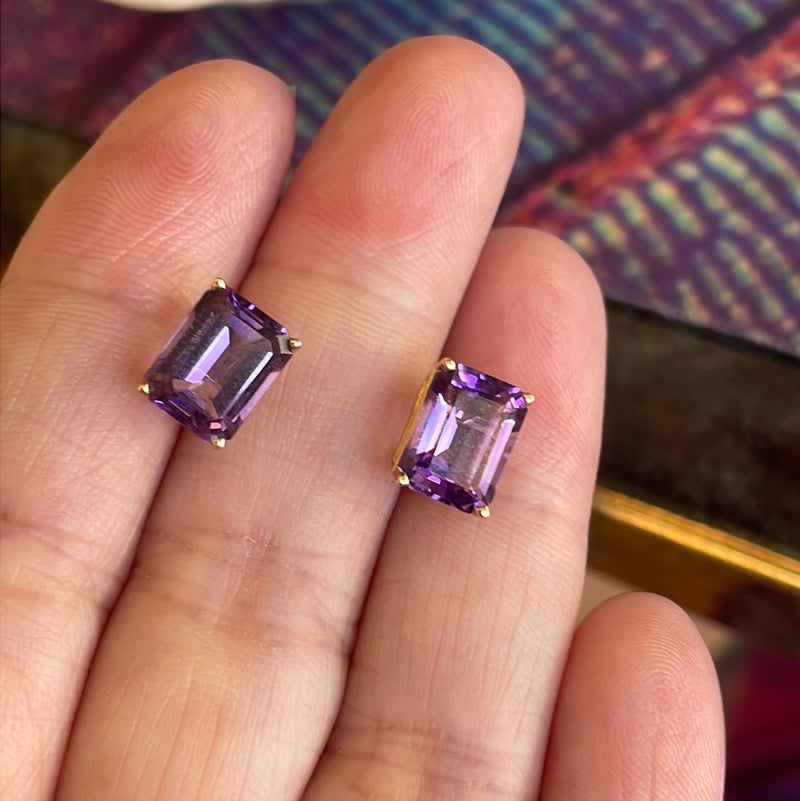 Amethyst Earrings - Emerald Cut - 14k Gold - Vintage