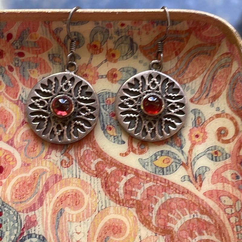 Garnet Medallion Earrings - Sterling Silver - Vintage