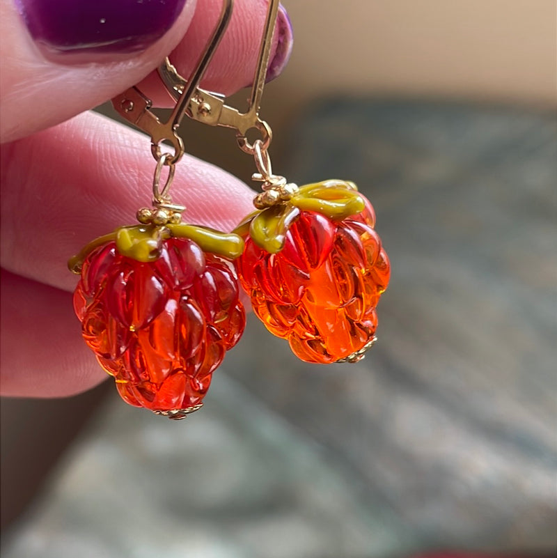 Orange Glass Berry Earrings - Gold Filled - Handmade