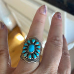 Turquoise Cluster Ring - Engraved - Sterling Silver - Vintage