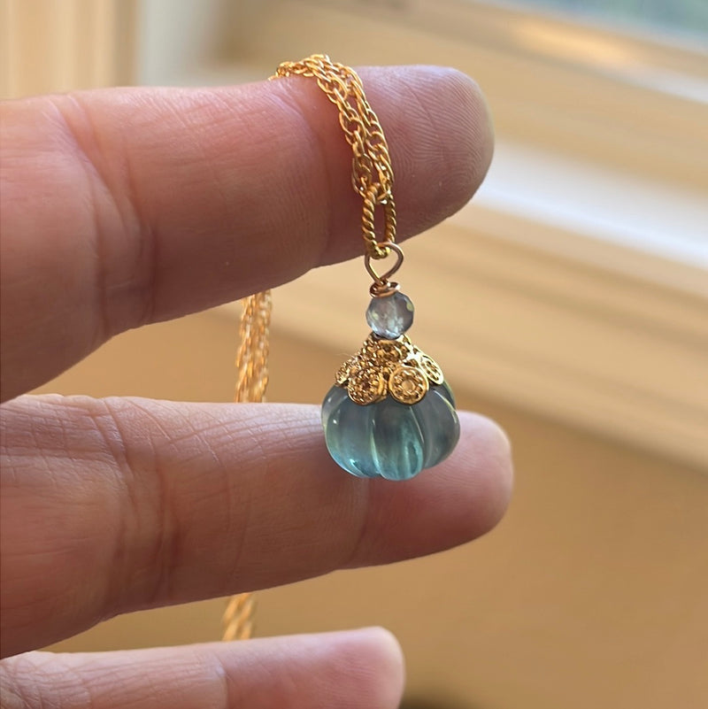 Carved Fluorite Pumpkin Necklace - Gold Filled - Handmade