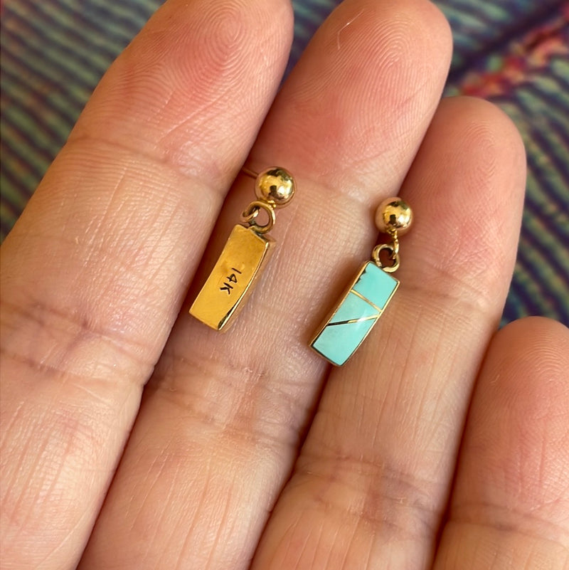 Turquoise Inlay Earrings - 14k Gold - Vintage