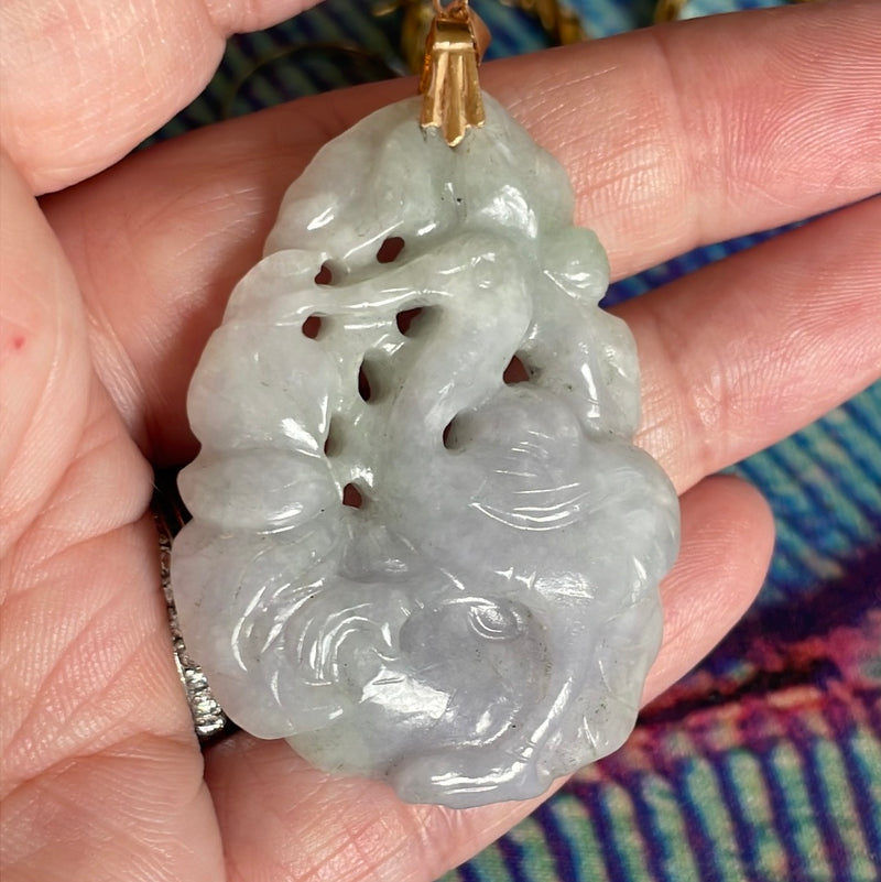 Carved Jade Crane Pendant - 14k Gold - Vintage