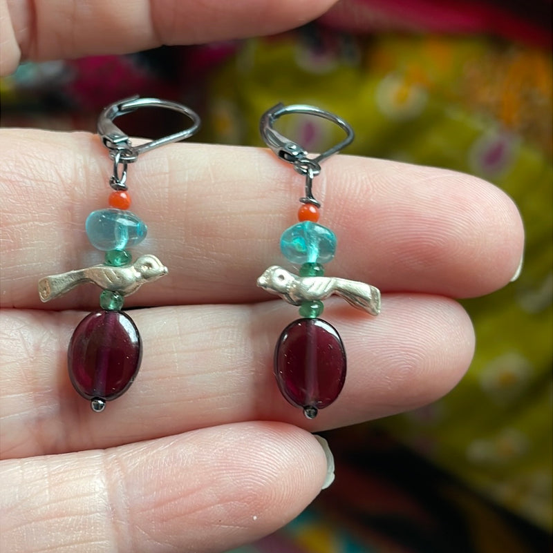 Bird Earrings - Garnet, Emerald, Apatite and Coral - Sterling Silver - Handmade