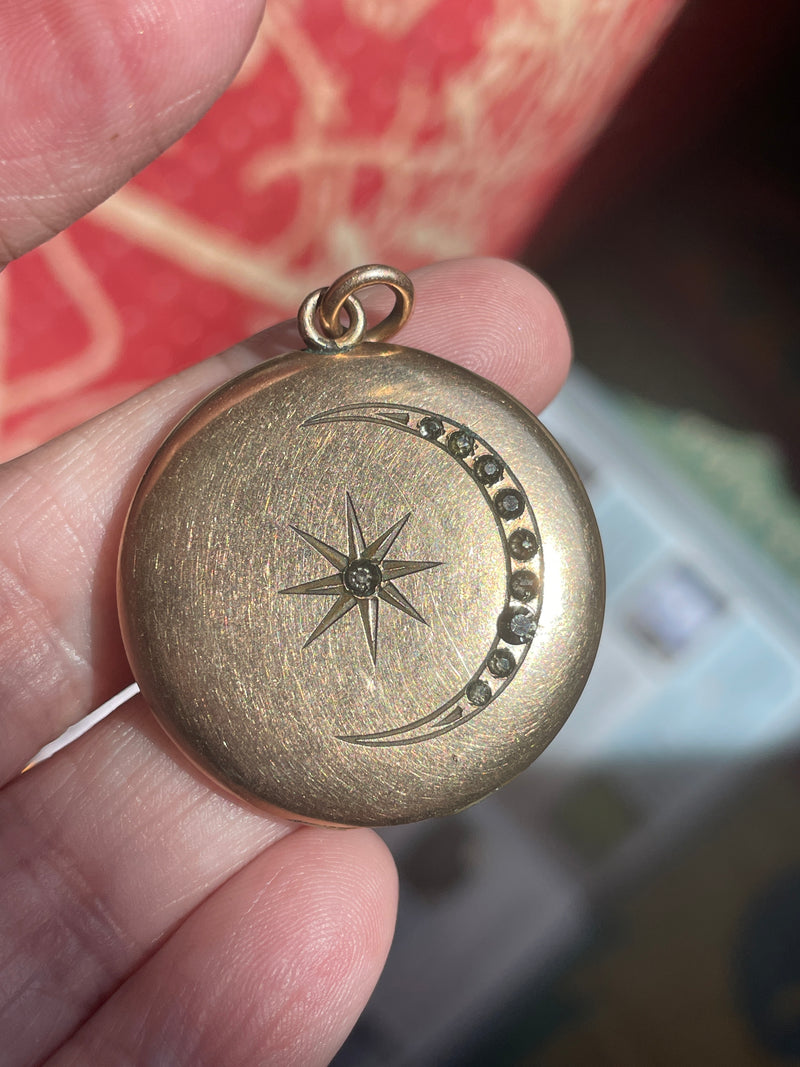 Large Moon Star Locket - Gold Filled - Antique