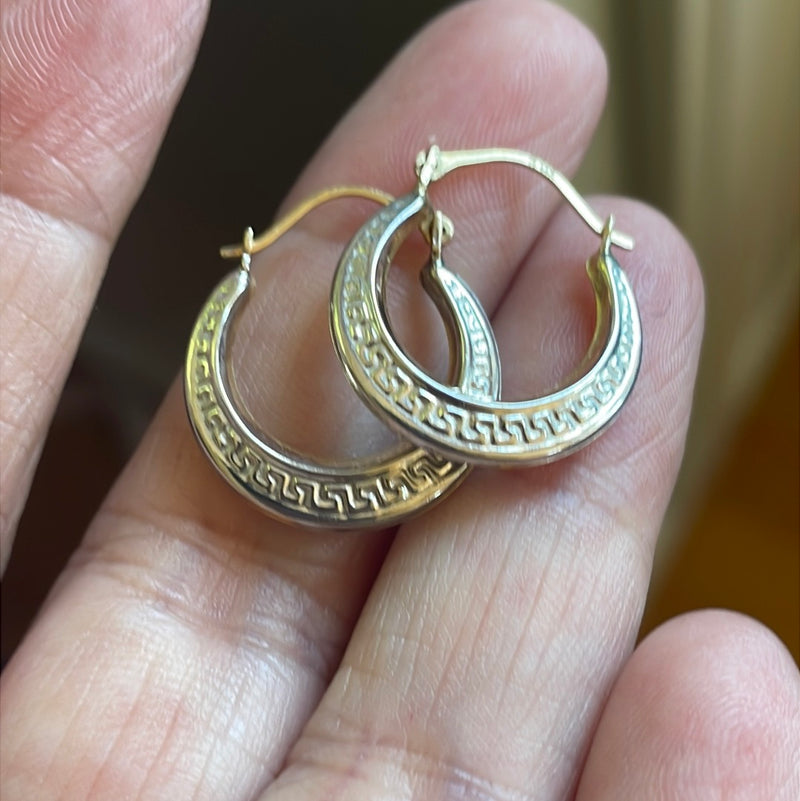 Greek Key Hoop Earrings - 14k White and Yellow Gold - Vintage