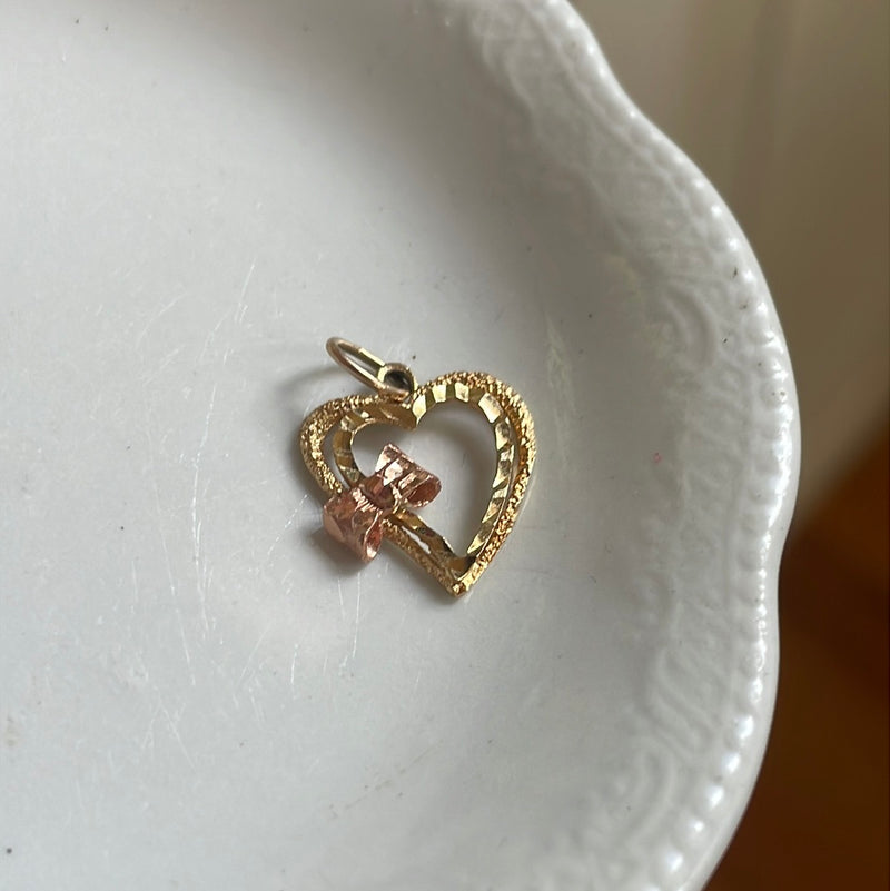 Heart Bow Pendant - Rose and Yellow Gold - 14k Gold - Vintage