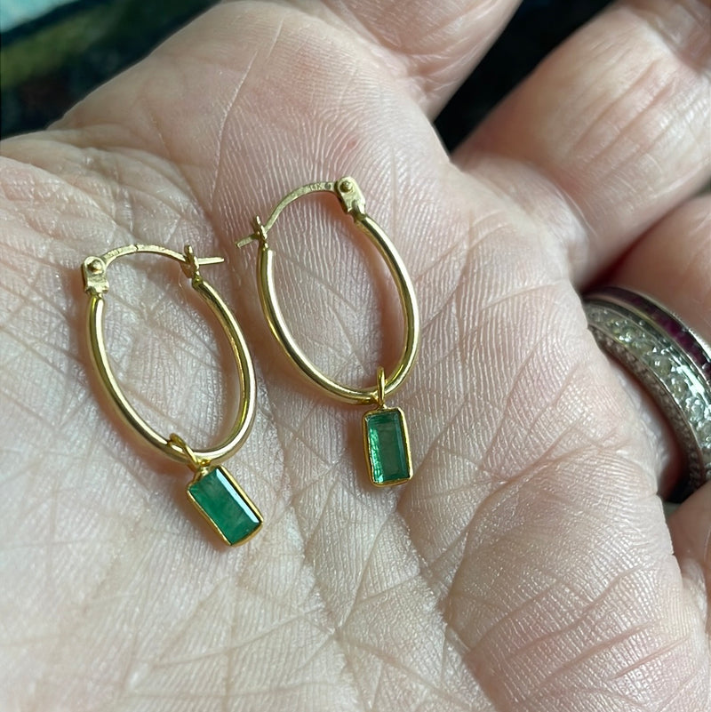 Emerald Oval Hoop Drop Earrings - 14k Gold Hoops and 18k Gold Drops - Vintage