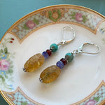 Carved Citrine Earrings - Turquoise, Garnet and Tanzanite - Sterling Silver - Vintage