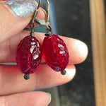 Red Glass Drop Earrings - Sterling Silver - Handmade - Vintage