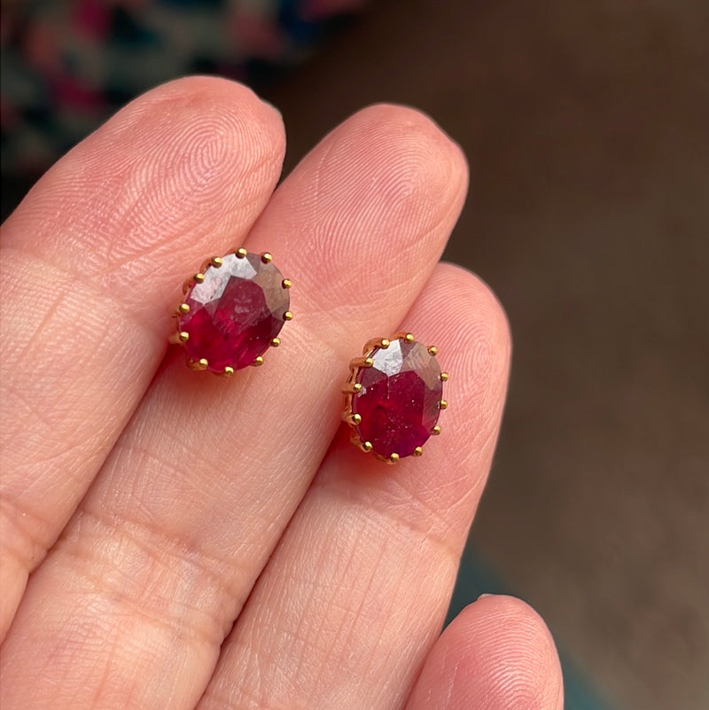 Large Ruby Stud Earrings - 10k Gold - Vintage