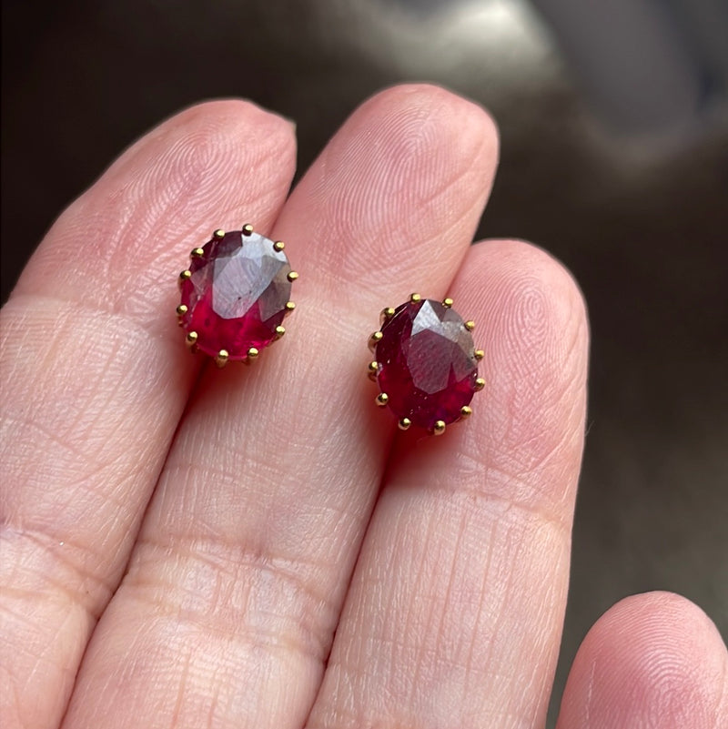 Large Ruby Stud Earrings - 10k Gold - Vintage