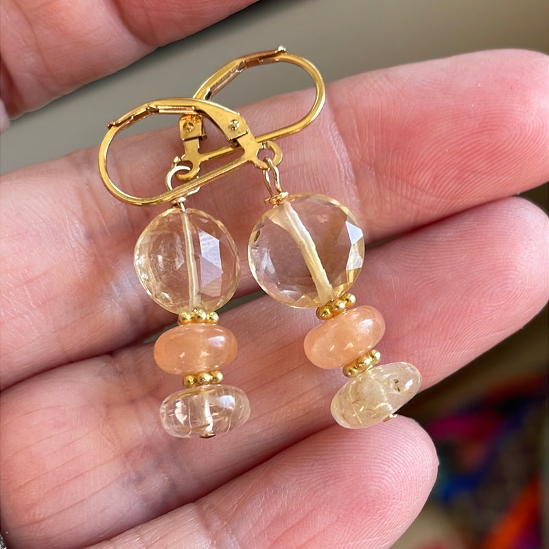 Citrine, Peach Moonstone and Rutilated Quartz Earrings - Gold Filled - Handmade