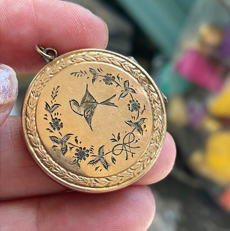 Bird Locket - Gold Filled - Antique