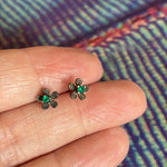 Emerald Flower Stud Earrings - Sterling Silver - Vintage