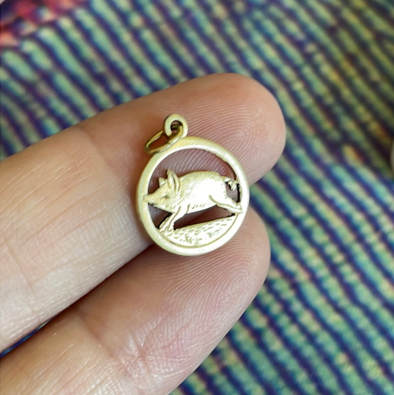 Rare Ornate Pig Charm - 14k Gold - Antique