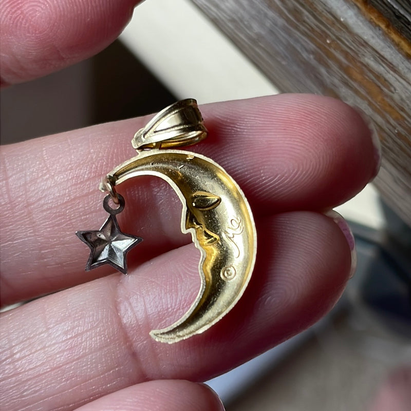 Moon Pendant - Star Drop - 14k Gold - Vintage