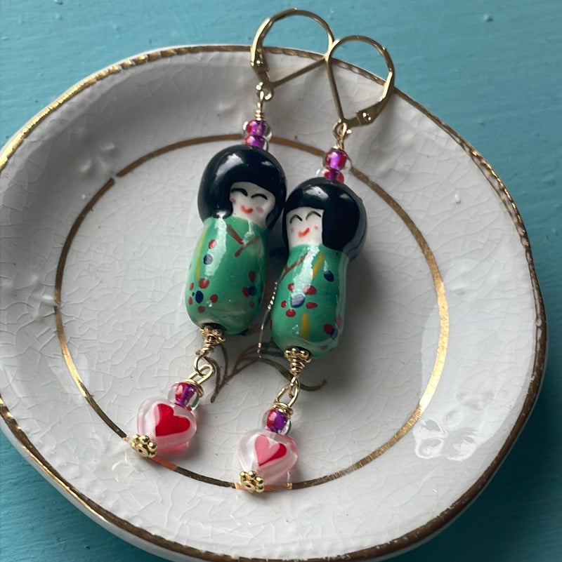 Kokeshi Sister Earrings - Gold Filled - Handmade