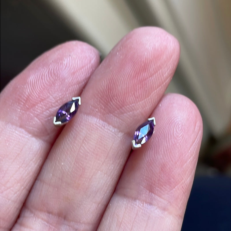 Amethyst Navette Stud Earrings - Sterling Silver - Vintage