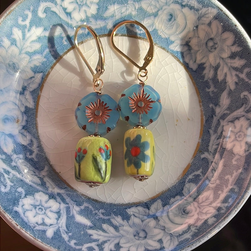 Flower Earrings - Hand Painted - Glass Flowers - Gold Filled - Handmade