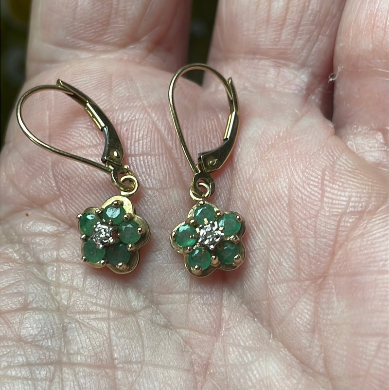 Emerald Diamond Flower Drop Earrings - 10k Gold - Vintage