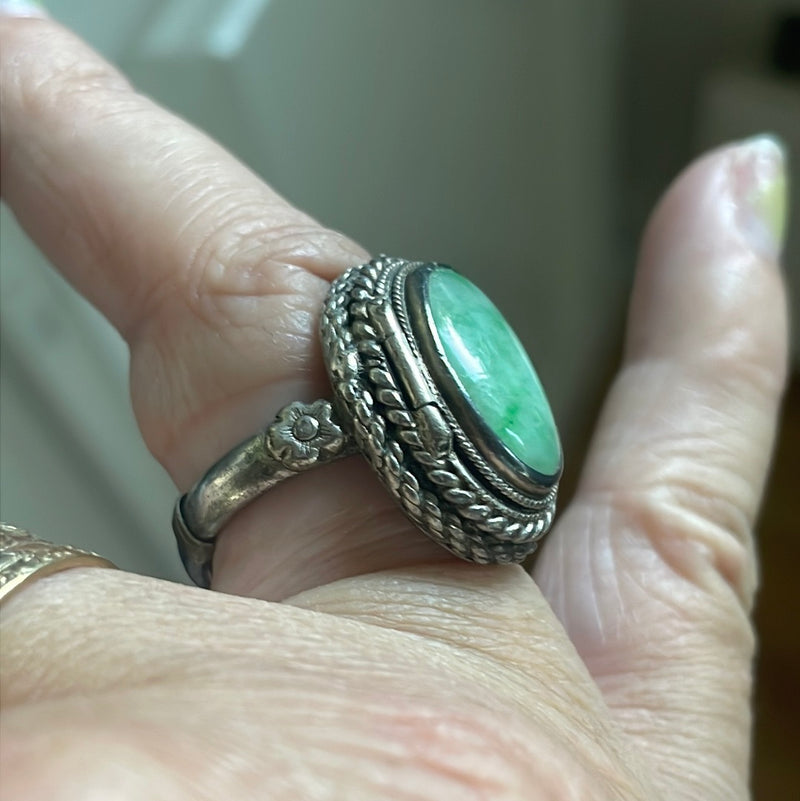 Jade Poison Ring - Carved Coral Buddha - Sterling Silver - Vintage