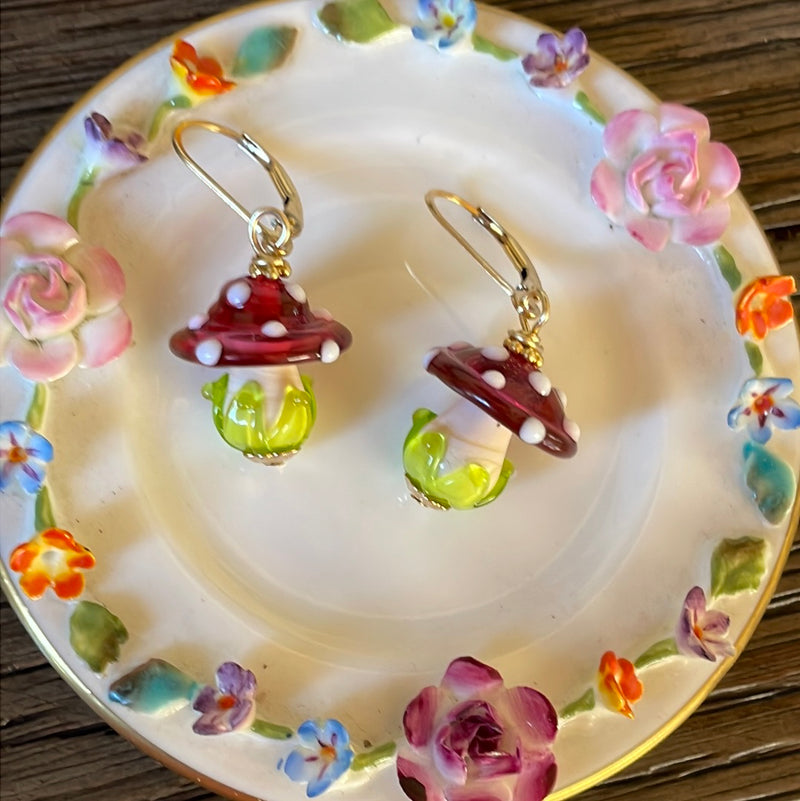 Pink Glass Mushroom Earrings Gold Filled Handmade – Vintage